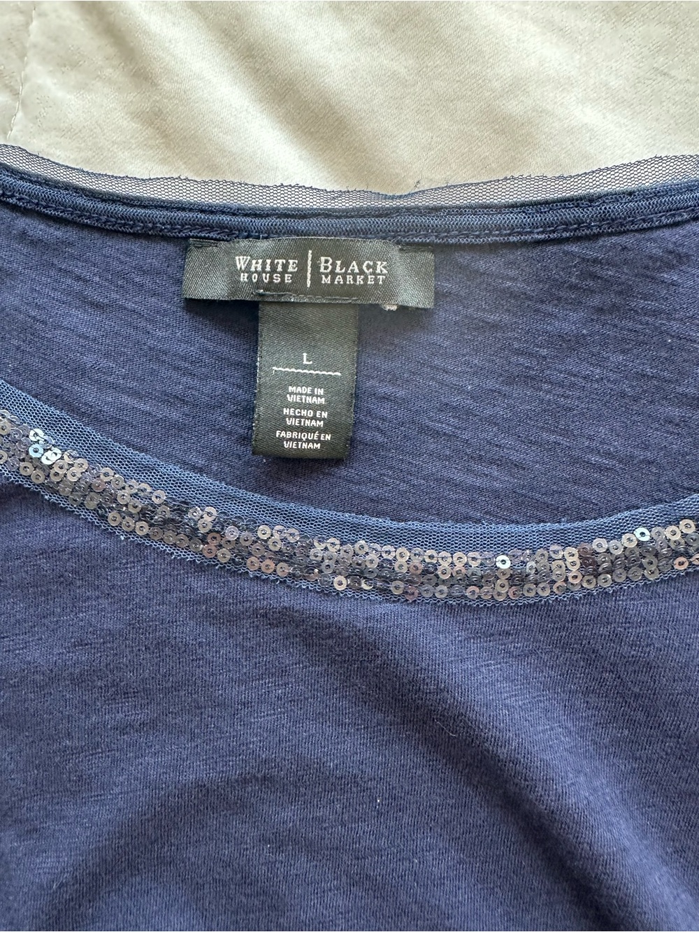 White House Black Market Navy Sequin Necklace Trim Tee with knot detail